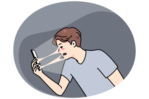 Young guy connected sealed to smartphone suffer from technology addiction problem. Man addicted to cellphone and social media, tied to online communication. Flat vector illustration.