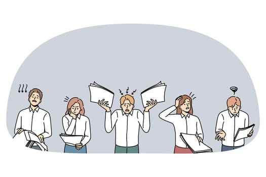Unhappy businesspeople with paperwork frustrated with bad financial results. Upset confused employees or workers with documents failed with company statistics. Flat vector illustration.