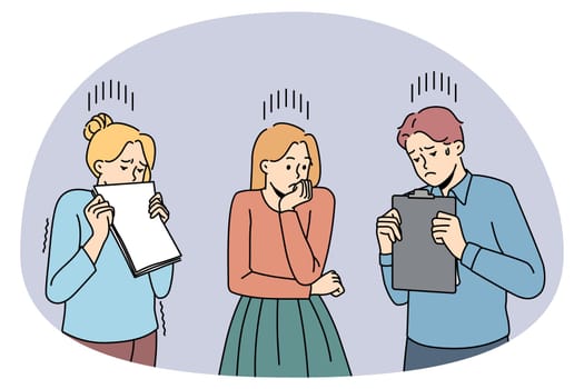 Worried millennial students frightened before exam or test. Anxious young people or colleagues feel terrified nervous of work failure or loss. Fear of business fail. Flat vector illustration.