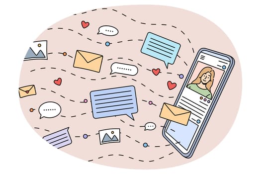 Online communication and chatting on modern cellphone device. Social media notifications and email on smartphone gadget. Communicating on internet. Flat vector illustration.