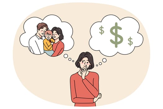 Confused young woman think of life plan, make choice between money and motherhood. Frustrated female choose between career and family. Flat vector illustration, cartoon character.