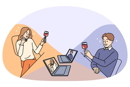 Happy man and woman with wine glasses having online date on computers. Smiling couple enjoy virtual meeting or webcam event on laptop on isolation. Relationship on distance. Vector illustration.