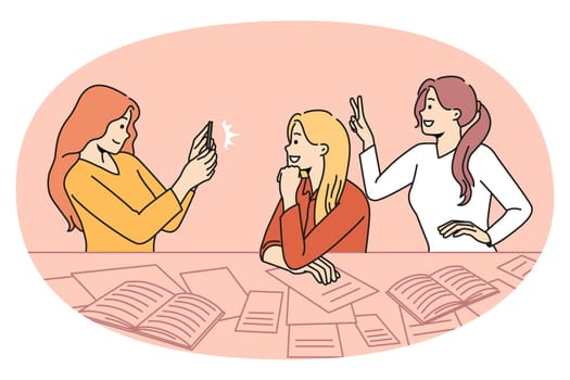Smiling millennial girls students have fun making selfies during break at college. Happy girlfriends relax take self-portrait picture on smartphone. Technology and social media. Vector illustration.