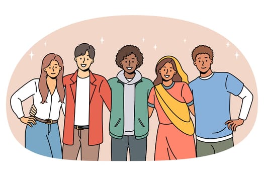 Portrait of multicultural young people stand pose together hugging show international friendship and unity. Smiling diverse multiethnic friends enjoy time together. Diversity. Vector illustration.