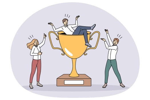 Overjoyed team with huge golden trophy celebrate shared business win or success. Happy businesspeople with award rejoice triumph with career accomplishment. Teamwork. Vector illustration.