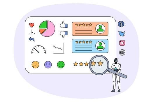 Robot with magnifying glass work for social media optimization. AI humanoid or digital assistant with magnifier rate and give feedback. Search engine, SEO. Vector illustration.