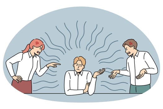 Employees fight quarrel with selfish male colleague in office. Coworkers or businesspeople work argue in unhealthy workplace environment. Teamwork problems. Vector illustration.