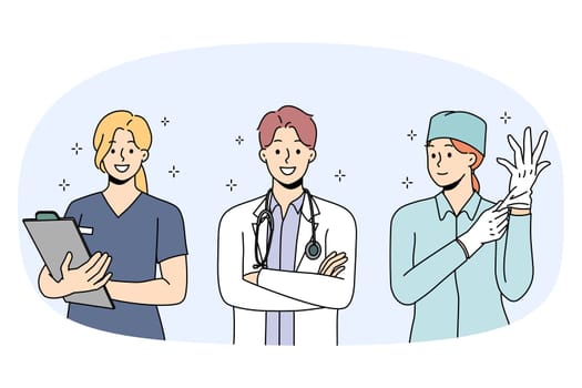 Set of smiling diverse doctors in uniform ready to give good quality medical service to patients. Collection portrait of happy nurse and surgeon in clinic or hospital. Medicine. Vector illustration.