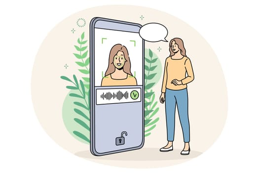 Smiling woman unlock mobile phone with face ID. Female smartphone user get access to data with biometrical check. Identification and verification concept. Vector illustration.