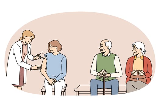 Female doctor give vaccine against covid-19 to patient in clinic. People of different ages come to vaccination from corona virus. Immunization to protect from coronavirus. Vector illustration.