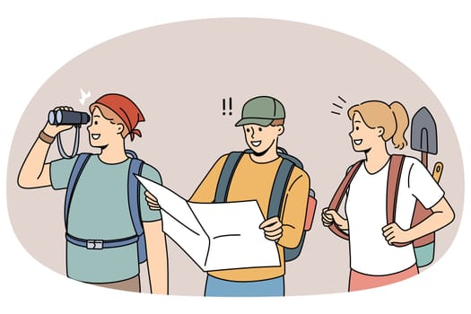 Happy archeologists with tools and map ready for treasure or historic artifact hunting. Smiling diverse researchers or historians with archeological equipment. Flat vector illustration.