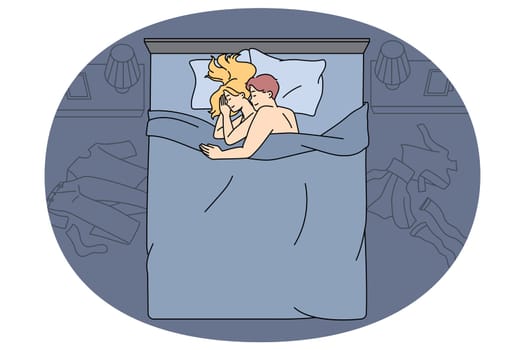 Happy young couple cuddle embrace in bed after sex. Happy man and woman hug relax in bedroom after love making. Sexual intimate life, relationships concept. Flat vector illustration.