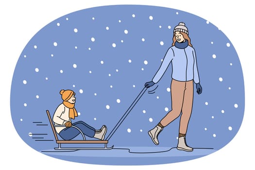 Happy mother in winterwear ride small son on sled outdoors. Smiling young mom in outerwear relax play with boy child on winter weekend. Family relaxation concept. Vector illustration.