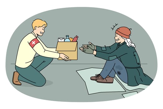 Caring male volunteer give box with food to unhappy poor person outdoors. Kind man activist share products and supplies with homeless needy people on streets. Charity concept. Vector illustration.
