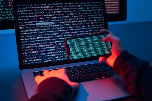 Man using computer and programming  to break code. Cyber security threat. Internet and network security. Stealing private information. Person using technology to steal password and private data. Cyber attack crime