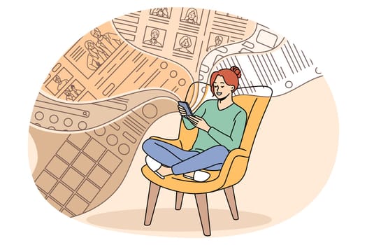 Smiling millennial girl sit relax in chair scroll social media feed on smartphone. Happy young woman use modern cellphone gadget browse internet. Web or phone addiction. Vector illustration.