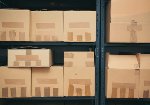 Cardboard boxes on shelves