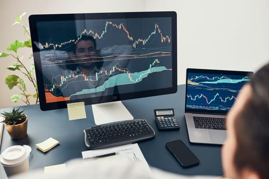 Businessman trading stocks online. Stock investor analysing numbers at graphs and charts. Investor planning and analysing stock market profiit. Man working with stock chart data. Business man investing stock using online platform. Business success concept