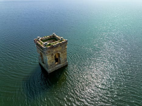 Cuerda del Pozo reservoir on the Duero river view of the bell tower of the church of La Muedra Soria province
