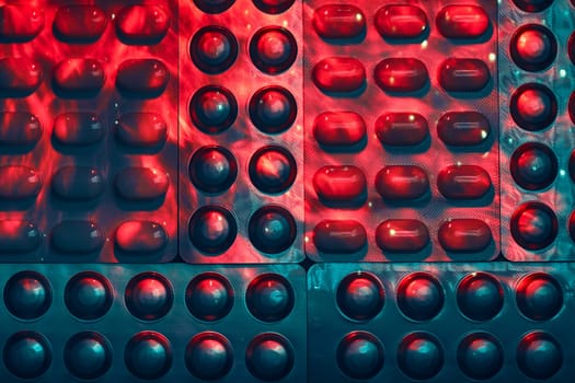 Tablets and capsules pill in blister packaging arranged in row. Medicines - tablets, pills in blister pack, medications drugs in warm red and cold blue light. Pharmaceutical industry concept. Background with copy space