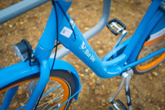 Kalmthout, Belgium, May 2023: Illustrative Editorial: Closeup shot of blue-bike bike sharing and rental