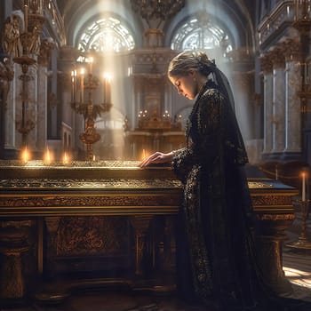 Woman praying at the alter, wearing a black dress. Ai generativ.