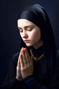 Woman praying at the alter, wearing a black dress. Ai generativ.