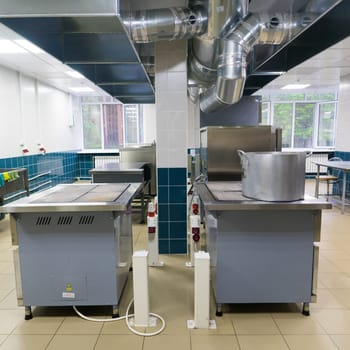 Restaurant kitchen equipment for preparing food, meal, plates, details.