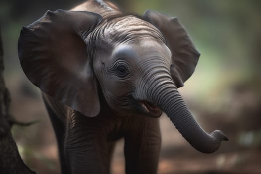 A baby elephant is adorably learning how to use its trunk while an adult elephant watches protectively in the distance, surrounded by grassy plains (generative AI)