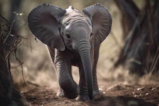 The baby elephant is taking its first steps in the vast and stunning savannah, surrounded by herds of majestic wild animals and colorful flowers (generative AI)