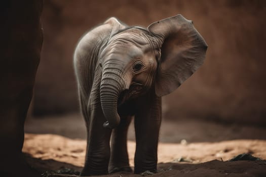 A baby elephant is adorably learning how to use its trunk while an adult elephant watches protectively in the distance, surrounded by grassy plains (generative AI)