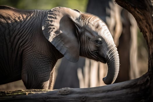 A baby elephant is adorably learning how to use its trunk while an adult elephant watches protectively in the distance, surrounded by grassy plains (generative AI)