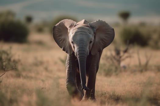 The baby elephant is taking its first steps in the vast and stunning savannah, surrounded by herds of majestic wild animals and colorful flowers (generative AI)