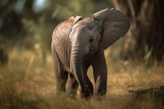 The baby elephant is taking its first steps in the vast and stunning savannah, surrounded by herds of majestic wild animals and colorful flowers (generative AI)