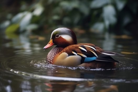 A beautiful Mandarin Duck is swimming in a tranquil pond, its iridescent feathers shimmering in the sunlight (generative AI)
