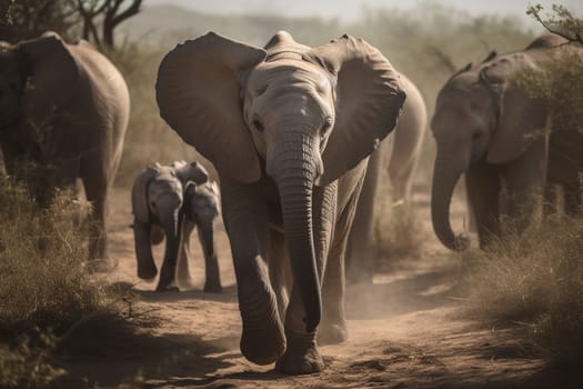 Baby elephant walking with family to a watering hole (generative AI)