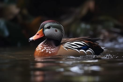 A beautiful Mandarin Duck is swimming in a tranquil pond, its iridescent feathers shimmering in the sunlight (generative AI)