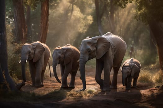 Baby elephant walking with family to a watering hole (generative AI)