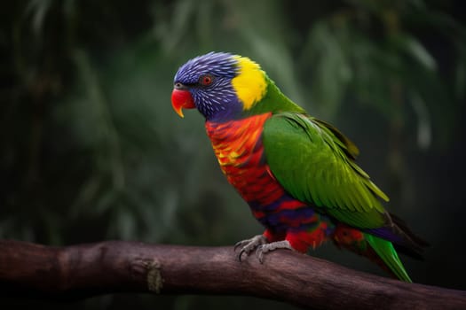 A Beautiful Rainbow Lorikeet Perched on a Branch in a Garden with blooming flowers and greenery around. (generative AI)