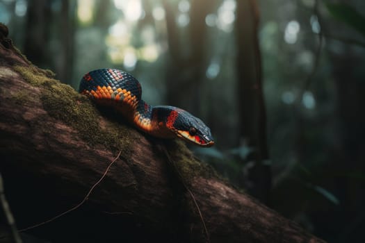 Colorful coral snake scaling a tree in tropical habitat (generative AI)