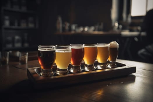 A beer flight at a brewery