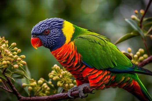 A Beautiful Rainbow Lorikeet Perched on a Branch in a Garden with blooming flowers and greenery around. (generative AI)