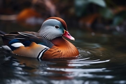 A beautiful Mandarin Duck is swimming in a tranquil pond, its iridescent feathers shimmering in the sunlight (generative AI)