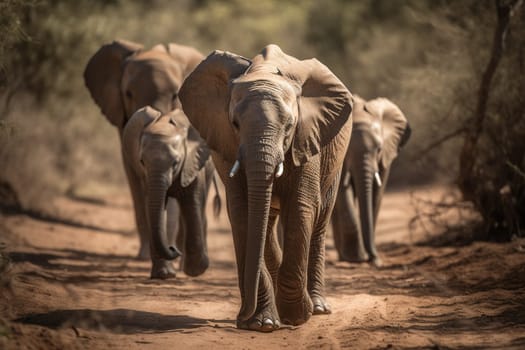 Baby elephant walking with family to a watering hole (generative AI)