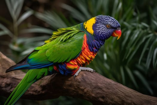 A Beautiful Rainbow Lorikeet Perched on a Branch in a Garden with blooming flowers and greenery around. (generative AI)