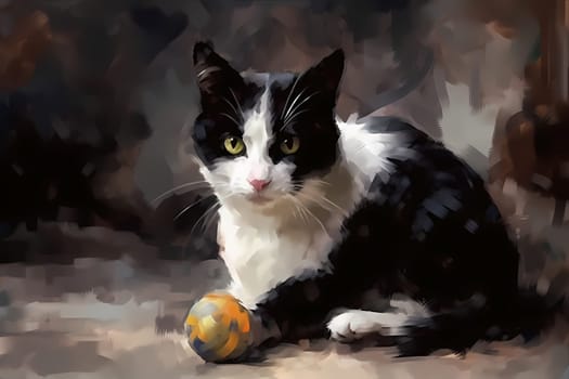 A black and white cat is energetically pouncing and chasing a small toy mouse, flipping it up in the air and proudly showing it off. (generative AI)
