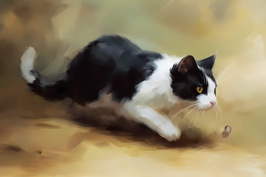 The playful cat is frisky and intent on catching the fuzzy toy mouse. (generative AI)