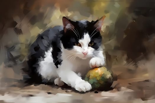 This playful black and white cat is having a blast chasing and batting around a toy mouse. (generative AI)