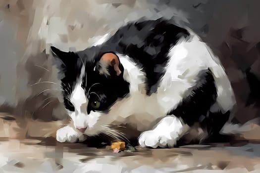 A black and white cat is energetically pouncing and chasing a small toy mouse, flipping it up in the air and proudly showing it off. (generative AI)