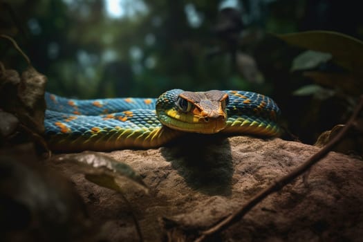 A beautiful pit viper moving along a rocky terrain in search of prey (generative AI)